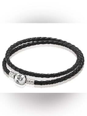 Pandora Black Braided Double-Wrap Leather Bracelet with Silver Clasp